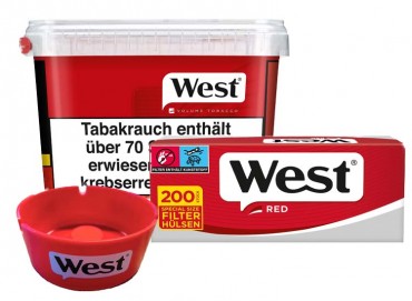 West Red Volume Tobacco Box Angebot, 1x125g Box + 1x200 Hülsen + 1xWest Aschenbecher 