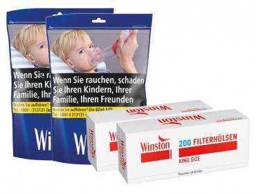 Winston Blue Volume Tabak Angebot, 2x100g Beutel + 2x200 Winston Zigarettenhülsen 